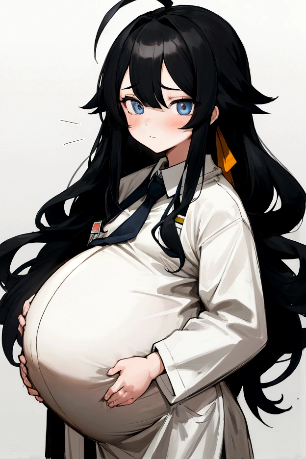 (high quality), 1girl, young girl,  long black hair, two tone hair, simple ahoge, ((pregnant)) lab coat, uniform, ribbon tie, skirt, sit down, workshop background (comfortable expressions, detailed eyes, facing at front)