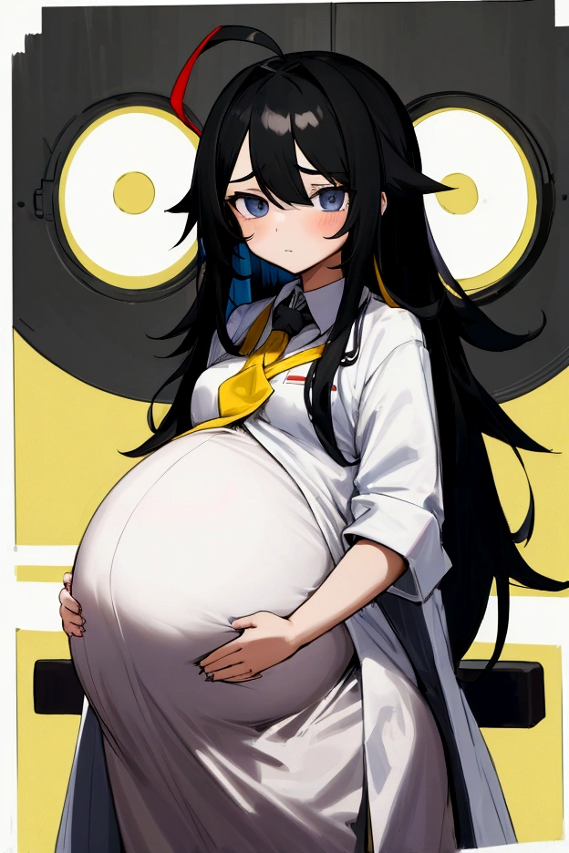 (high quality), 1girl, young girl, long black hair, two tone hair, simple ahoge, ((pregnant)) lab coat, uniform, ribbon tie, skirt, sit down, workshop background (comfortable expressions, detailed eyes, facing at front)