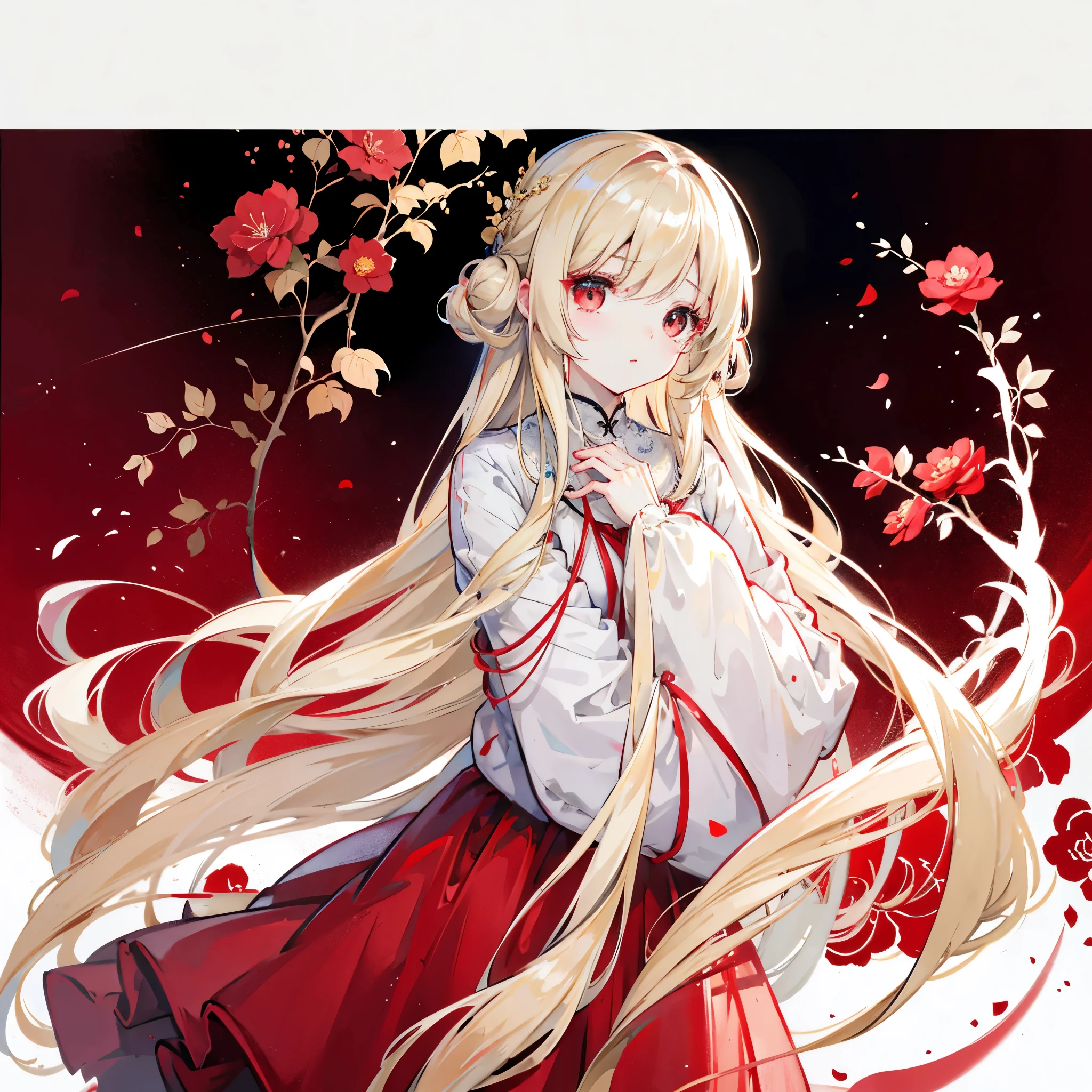 Beige Hair、Very long hair、Shiny Hair、high quality、Red eyes、camellia、Simple Background、White Background、Plain