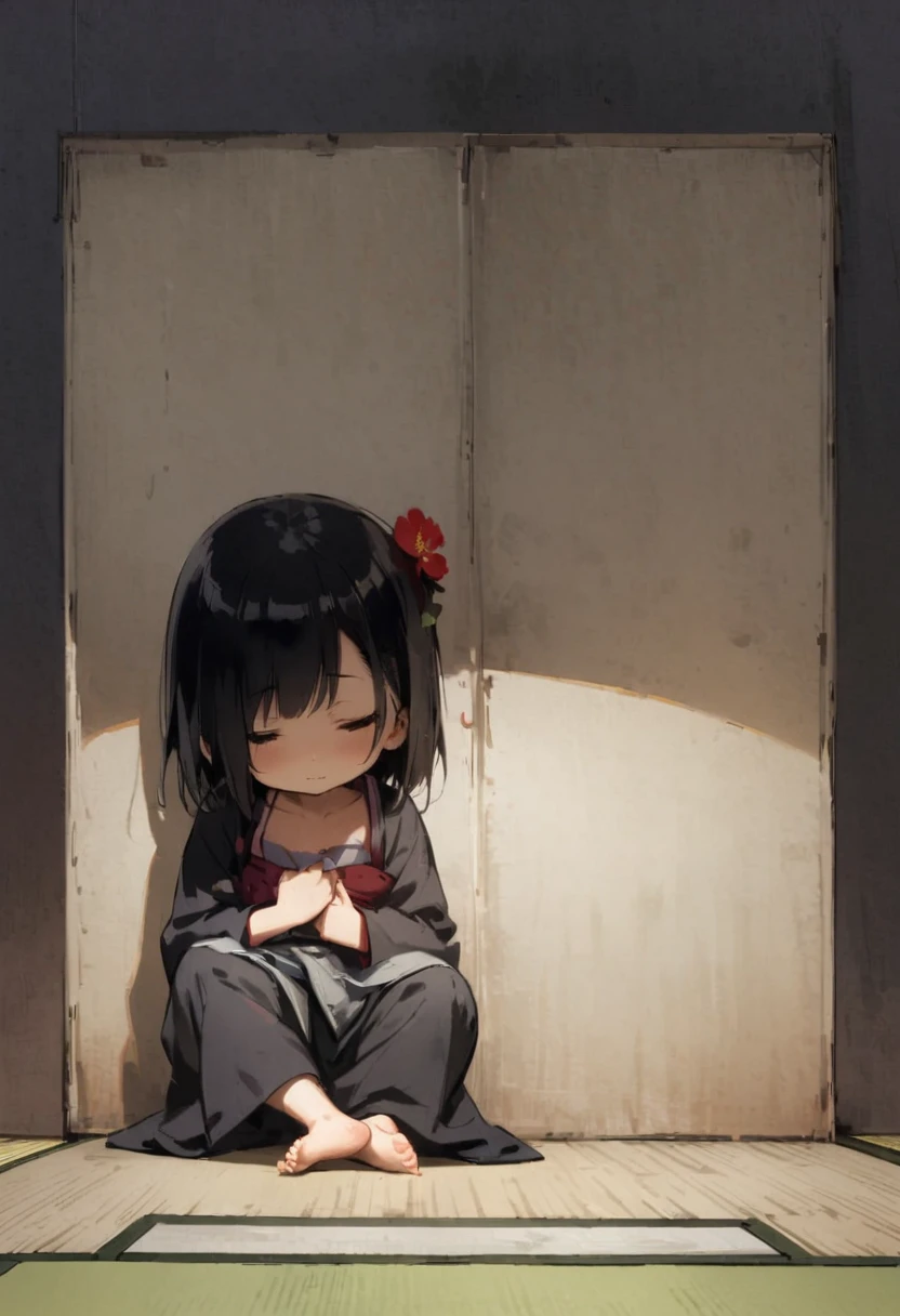 Show your loincloth、Zashiki Warashi、Japanese style、Shoji Screen、tatami、Haunted house、darkness、Late Night、kimono、Bob、girl、girl、young、Baby Face、Flat Chest、Long black hair、Dynamic Angle、A faint smile、Squint your eyes、ball、Flower Hair Ornaments、Clogs or bare feet