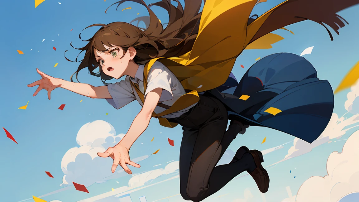 ((Highest quality)), ((masterpiece)), ((Very detailed)),Floatingする女の子,Angry expression,floating,Floating,Confetti,Brown Hair,tears,Levitating,Blue sky background,Feet in the air,tears,gravity,loafers,profile