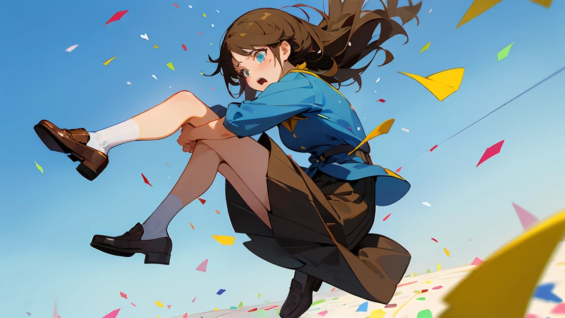 ((Highest quality)), ((masterpiece)), ((Very detailed)),Floatingする***,Angry expression，floating，Floating，Confetti，Brown Hair,tears,Levitating,Blue sky background,Feet in the air,tears,gravity,loafers,profile