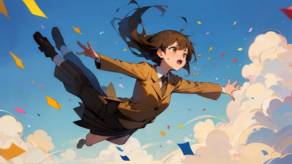 ((Highest quality)), ((masterpiece)), ((Very detailed)),Floatingする女の子,Angry expression,floating,Floating,Confetti,Brown Hair,tears,Levitating,Blue sky background,Feet in the air,tears,gravity,loafers,profile