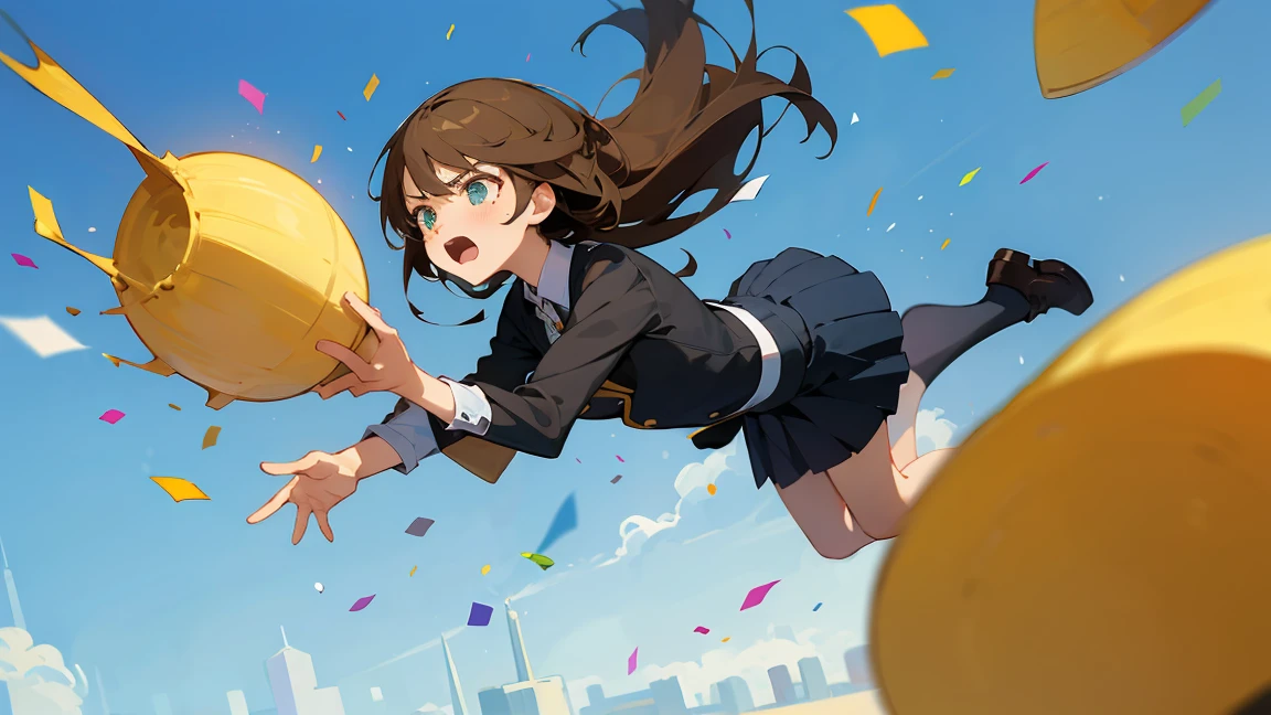 ((Highest quality)), ((masterpiece)), ((Very detailed)),Floatingする女の子,Angry expression，floating，Floating，Confetti，Brown Hair,tears,Levitating,Blue sky background,Feet in the air,tears,gravity,loafers,profile