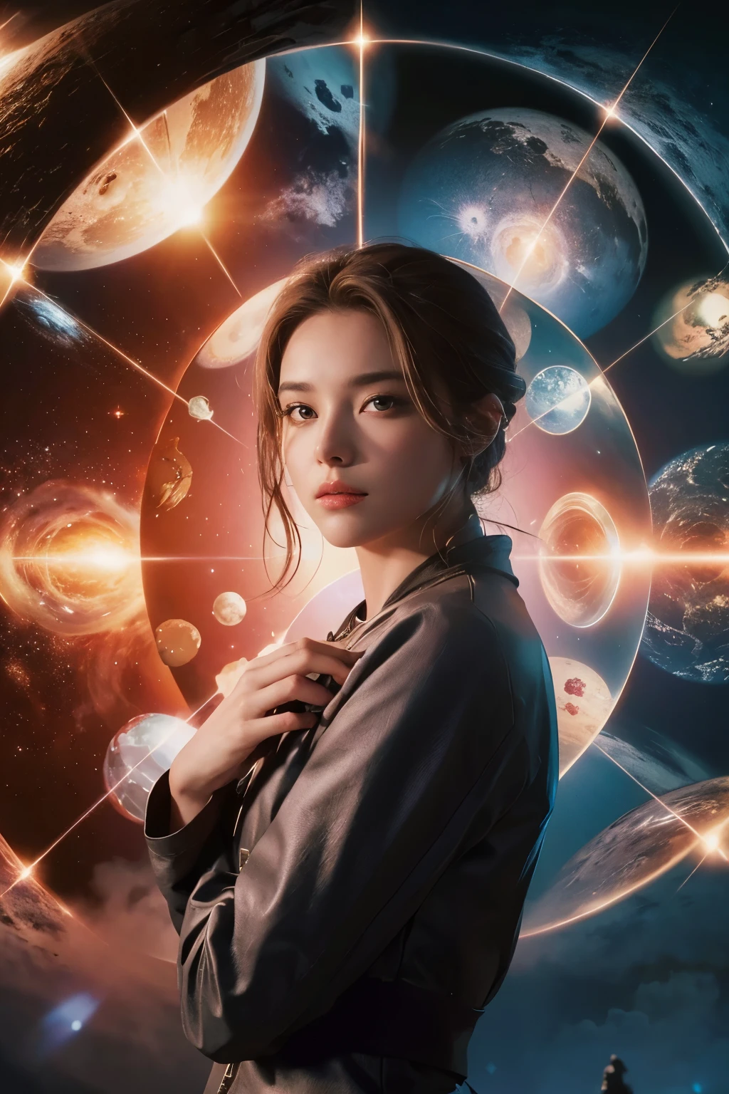 A woman in a spacesuit stands in front of a large spiral, Key Art, Fan art, Powerful woman sitting in space, girl in space, Promotional Images, Promotional Art, Science fiction, No text, Science fictionデジタルアート, Fan art, from a 2 0 1 9 Science fiction 8 k movie, High quality 4K mobile wallpapers, Cosmos background, Official illustrations