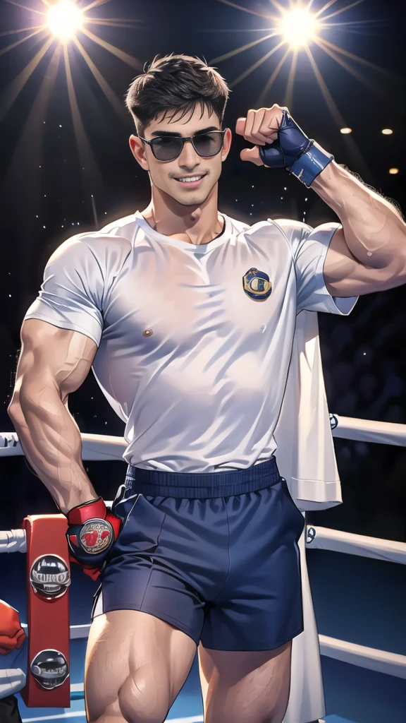 (handsome Man),(Thin mustache:1.1),(crew cut short hair:1.5),black eye,
(navy blue tight-fitting round neck short sleeve T-shirt:1.3),(Police badge:1.3),navy blue cargo pants,(navy_gloves:1,3),(navy_backpack:1.3),(sunglasses:1.3),
Korean guy,chest muscles,large arm muscles,blood vessel,Big muscles,Broad shoulders,(open mouth:1.2),(face up:1.2),(open eyes:1.5),middle of the road,smile,(boxing ring:1.4),