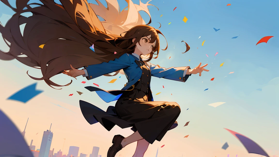 ((Highest quality)), ((masterpiece)), ((Very detailed)),Floatingする女の子,Angry expression,floating,Floating,Confetti,Brown Hair,tears,Levitating,Blue sky background,Feet in the air,tears,gravity,loafers,profile