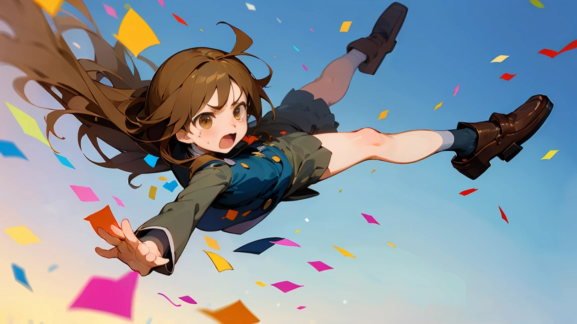 ((Highest quality)), ((masterpiece)), ((Very detailed)),Floatingする***,Angry expression，floating，Floating，Confetti，Brown Hair,tears,Levitating,Blue sky background,Feet in the air,tears,gravity,loafers,profile