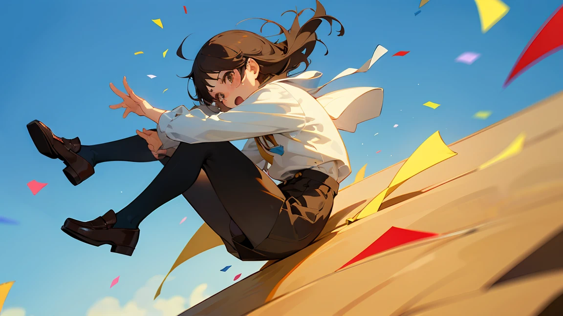 ((Highest quality)), ((masterpiece)), ((Very detailed)),Floatingする女の子,Angry expression,floating,Floating,Confetti,Brown Hair,tears,Levitating,Blue sky background,Feet in the air,tears,gravity,loafers,profile