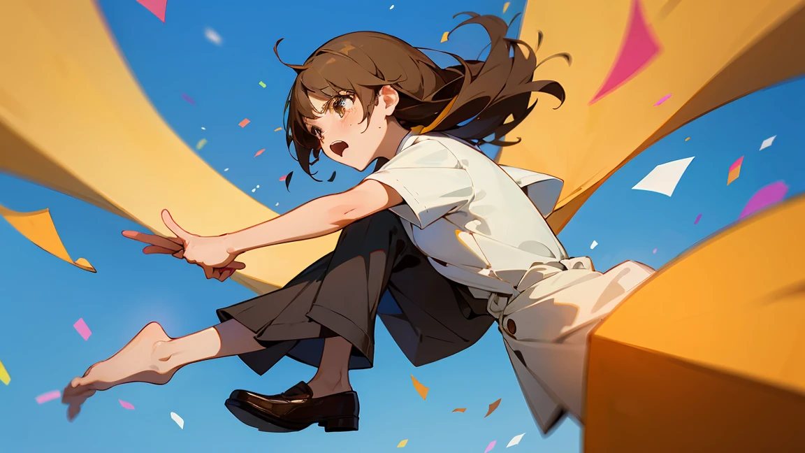 ((Highest quality)), ((masterpiece)), ((Very detailed)),Floatingする***,Angry expression，floating，Floating，Confetti，Brown Hair,tears,Levitating,Blue sky background,Feet in the air,tears,gravity,loafers,profile