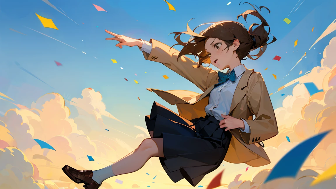 ((Highest quality)), ((masterpiece)), ((Very detailed)),Floatingする女の子,Angry expression,floating,Floating,Confetti,Brown Hair,tears,Levitating,Blue sky background,Feet in the air,tears,gravity,loafers,profile