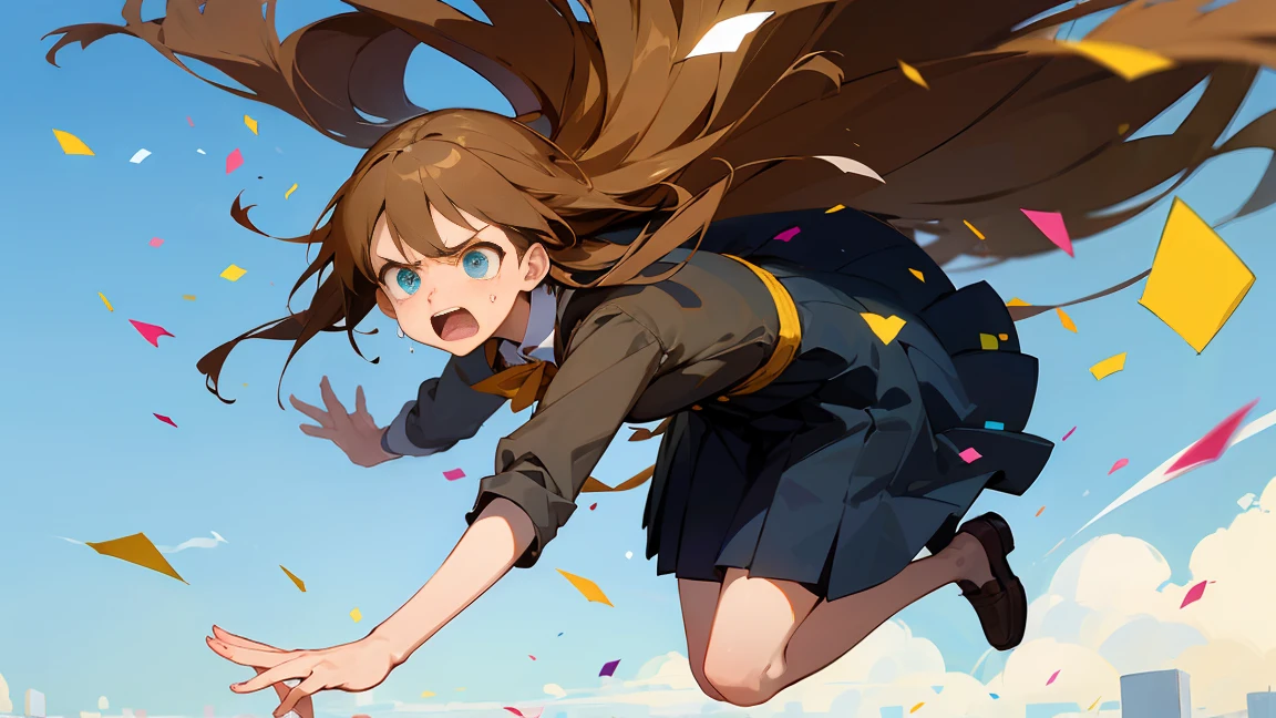 ((Highest quality)), ((masterpiece)), ((Very detailed)),Floatingする***,Angry expression，floating，Floating，Confetti，Brown Hair,tears,Levitating,Blue sky background,Feet in the air,tears,gravity,loafers,profile