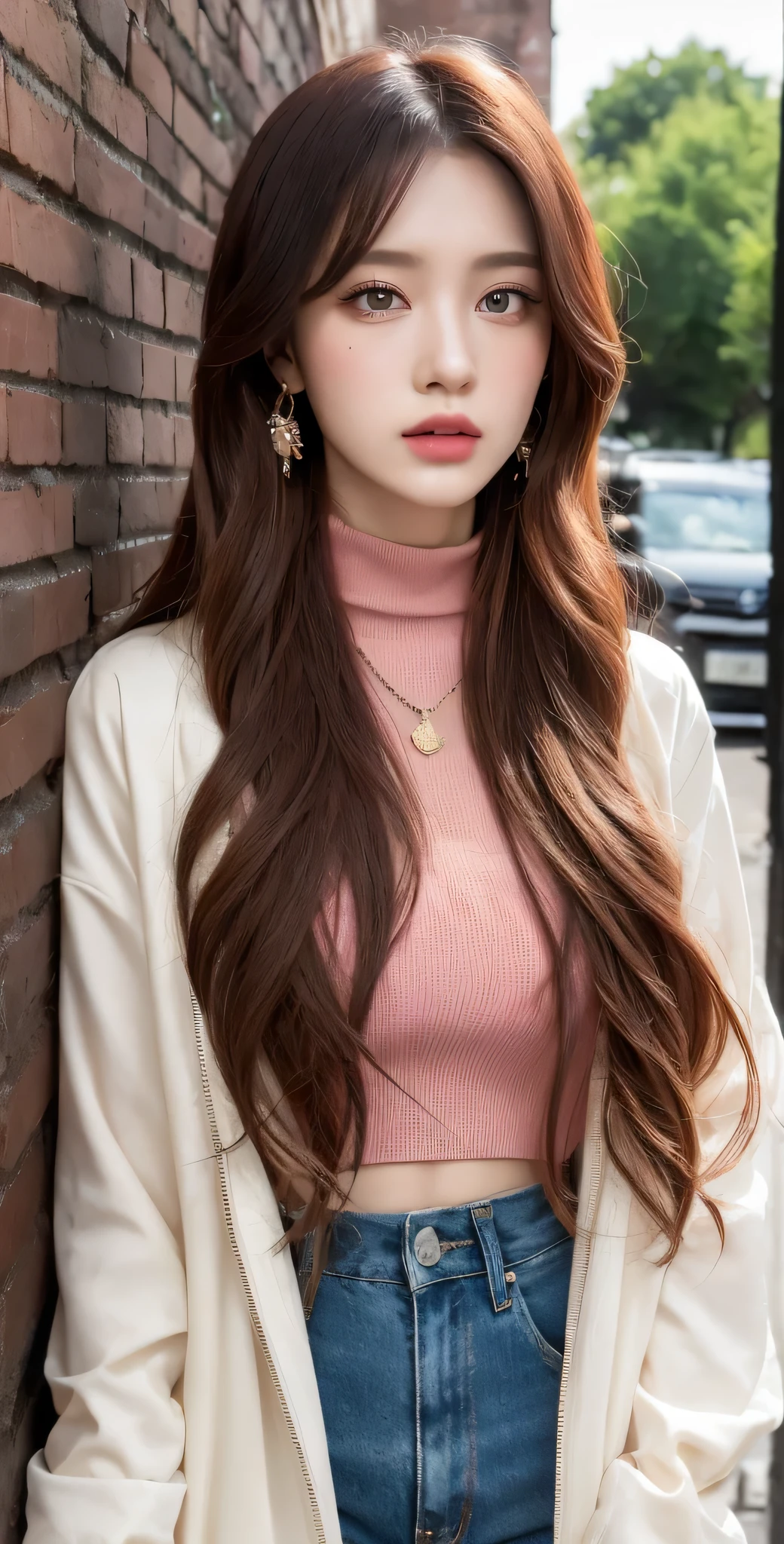 (masterpiece, best quality, 1 girl, solo, intricate details, chromatic aberration), realistic, ((medium breath)),long hair, red hair, red decoration on the head, pink highlights, amber eyes, earrings, sharp eyes, necklace, neon shirt, ripped shorts, unbuttoned jacket, turtleneck, night, against the wall, brick wall, graffiti, dim lighting, alley, look at the viewer