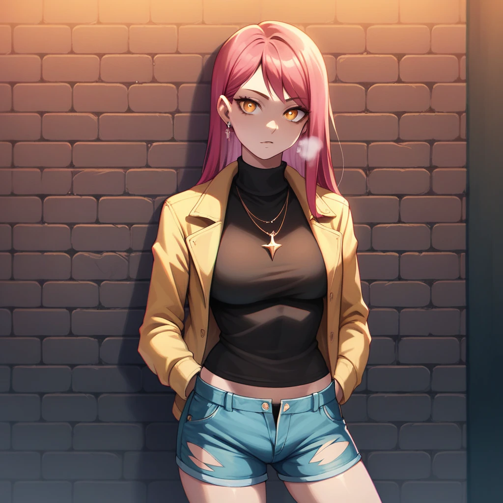 (masterpiece, best quality, 1 girl, solo, intricate details, chromatic aberration), realistic, ((medium breath)),long hair, red hair, red decoration on the head, pink highlights, amber eyes, earrings, sharp eyes, necklace, neon shirt, ripped shorts, unbuttoned jacket, turtleneck, night, against the wall, brick wall, graffiti, dim lighting, alley, look at the viewer