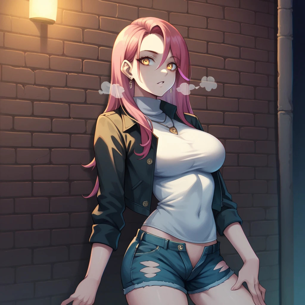 (masterpiece, best quality, 1 girl, solo, intricate details, chromatic aberration), realistic, ((medium breath)),long hair, red hair, red decoration on the head, pink highlights, amber eyes, earrings, sharp eyes, necklace, neon shirt, ripped shorts, unbuttoned jacket, turtleneck, night, against the wall, brick wall, graffiti, dim lighting, alley, look at the viewer