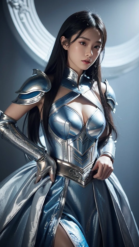 Close up of woman in silver and blue dress, Pan Chengwei on artstation, author:Yang J, Detailed fantasy art, Stunning character art, Fan Art Best Artstation, Epic and beautiful character art, Beautiful armor, Extremely detailed Artgerm, Detailed digital anime art, artstation pixiv like artgerm, Armor Girl