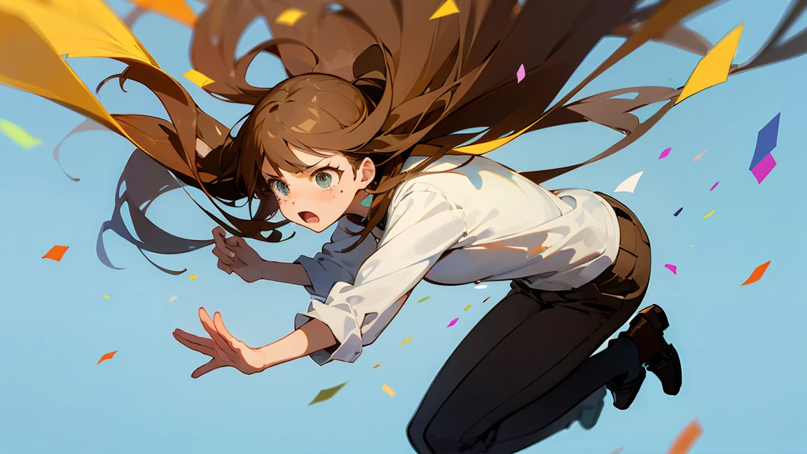 ((Highest quality)), ((masterpiece)), ((Very detailed)),Floatingする***,Angry expression，floating，Floating，Confetti，Brown Hair,tears,Levitating,Blue sky background,Feet in the air,tears,gravity,loafers,profile