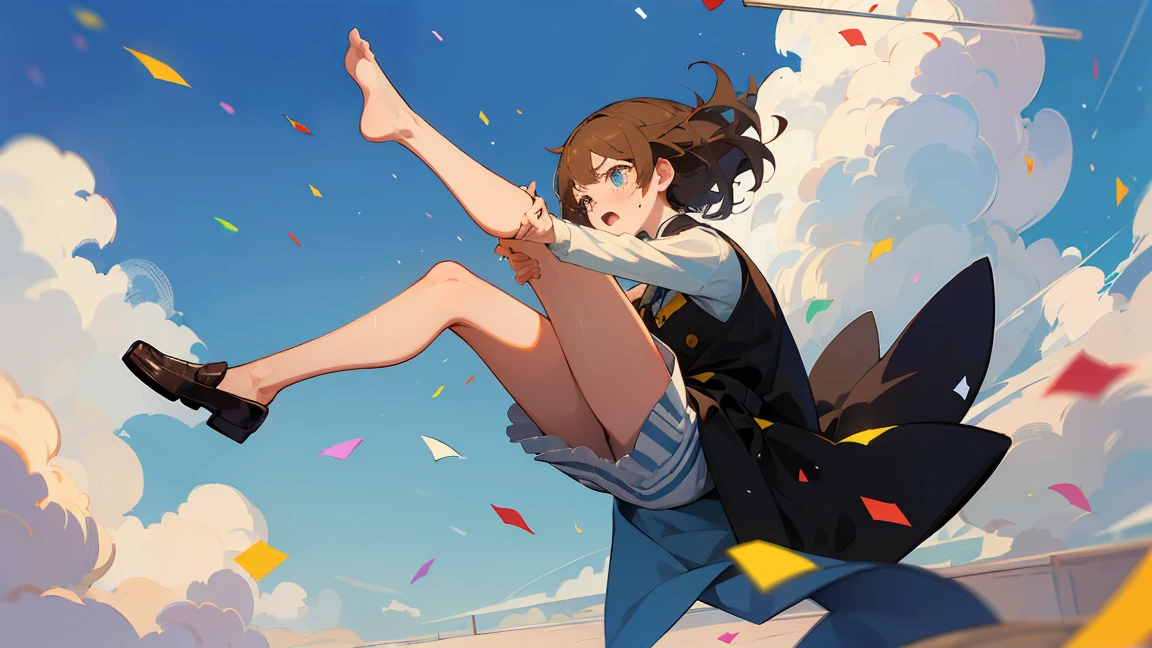 ((Highest quality)), ((masterpiece)), ((Very detailed)),Floatingする***,Angry expression，floating，Floating，Confetti，Brown Hair,tears,Levitating,Blue sky background,Feet in the air,tears,gravity,loafers,profile