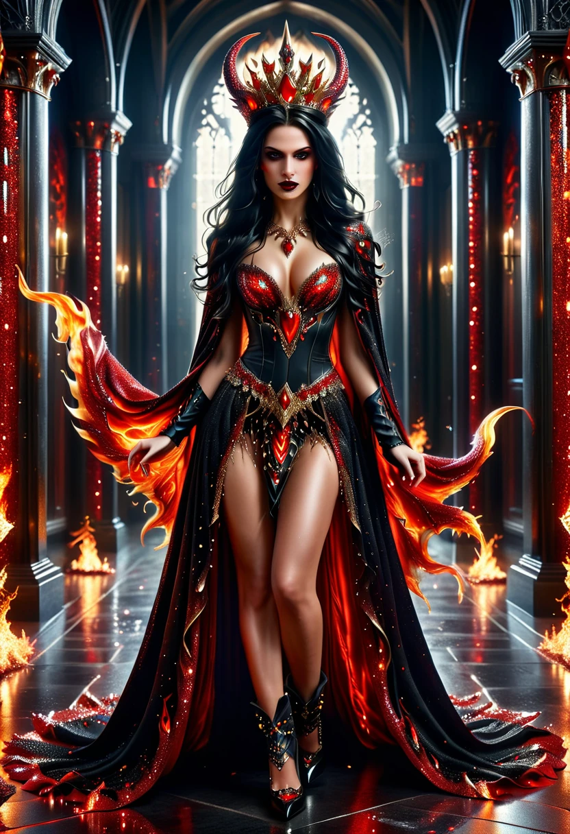 Arafed a dark glamour picture of the queen of demons in the halls of hell, (full body shot: 1.3), a demons queen magnificent and full of awe, black hair, long hair, flowing hair, bold intense eyes, extremely exquisite beautiful queen, perfect body, (anatomically correct: 1.3), ultra feminine, ultra detailed face, black lips, fiery glowing eyes, (demonic horns from head: 1.1) , (red skin: 1.3), dynamic angle, there is (golden crown on her head: 1.1), she wears a cloak, flowing cloak, cloak of fear, she wears (spiked high heels boots: 1.1),  studded with diamonds and rubies, the hall of the queen of hell background, (masterpiece: 1.4) intense details, highly detailed, photorealistic, best quality, highres,16k, [ultra detailed], masterpiece, best quality, (extremely detailed), close up, ultra wide shot, photorealistic, RAW, fantasy art, dnd art, fantasy art, realistic art,((best quality)), ((masterpiece)), (detailed: 1.5) faize, intense gaze, ral-ntrgmstn, RedGlitter