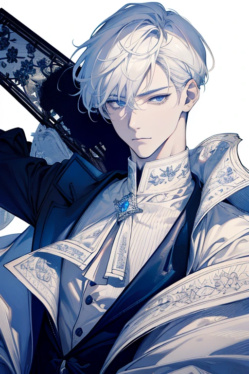 (absurdres, highres, ultra detailed), 1 male, adult, handsome, tall muscular guy, broad shoulders, casual outfit, finely detailed eyes, white color hair, complex pattern, detailed face, modern, city, best ratio four finger and one thumb, menacing, (dutch angle), closed mouth