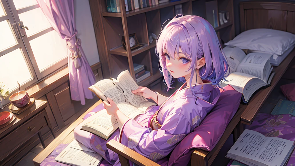 woman　clear　Light purple hair　　kimono　　Anime Style　reading　literature　Study
