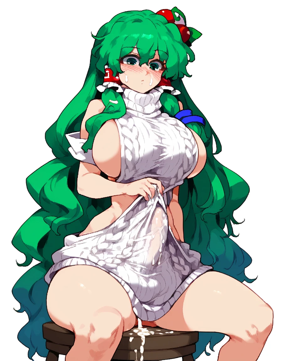 Expressive, score_9, score_8_up, score_9_up, Touhou, masterpiece, high quality, highly detailed, 1girl, kochiya sanae, solo, green hair, long hair, green eyes, long hair, big breasts, blush, round breasts,,,,,, frog hair ornament, hair tubes, snake hair ornament,,,, thin waist, sit on stool, white background,, virgin killer sweater, futanari, big penis under clothes, cum, she hides face with hands