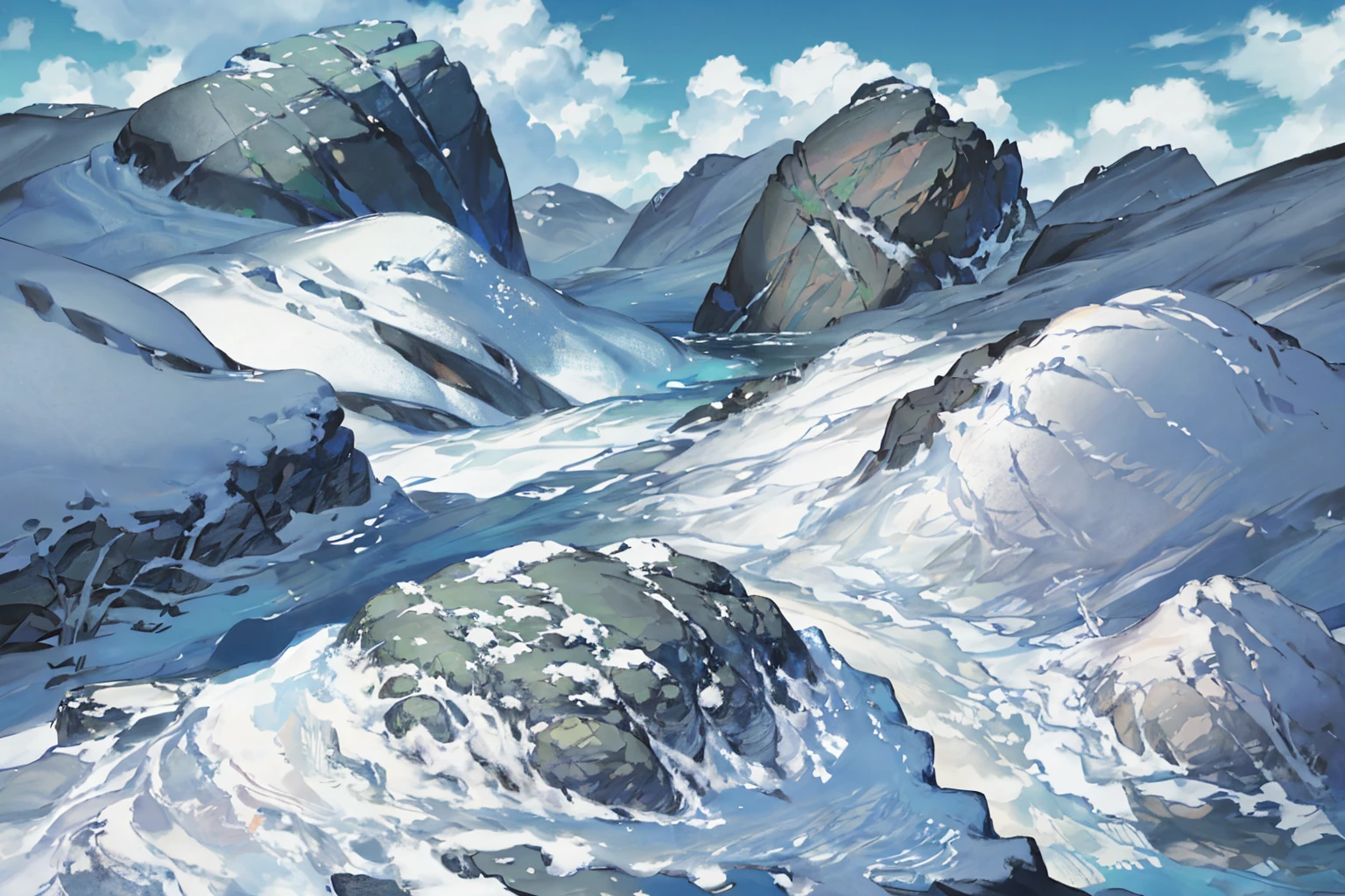 summer, rocky area, rock formation, (illustration : 1.0), Narrative composition, realistic lighting, HD detail, masterpiece, best quality best, (Highly detailed CG integrated 8k wallpaper), wide and flat rocky area, A small, sharp, rough rock at the top of the screen.