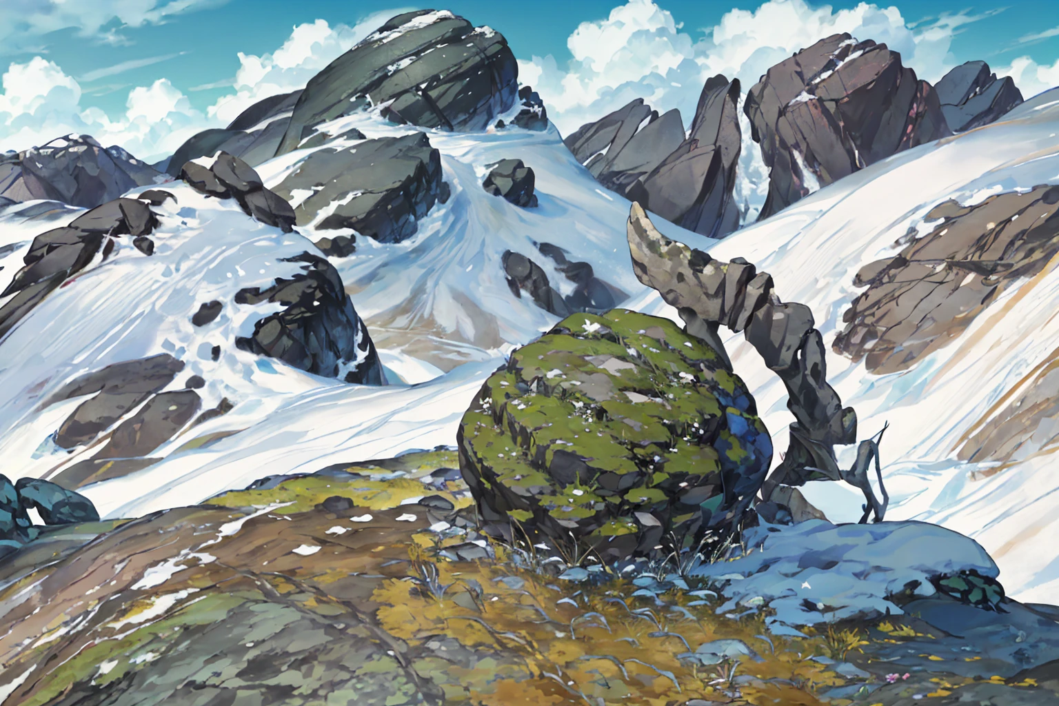 summer, rocky area, rock formation, (illustration : 1.0), Narrative composition, realistic lighting, HD detail, masterpiece, best quality best, (Highly detailed CG integrated 8k wallpaper), wide and flat rocky area, A small, sharp, rough rock at the top of the screen.
