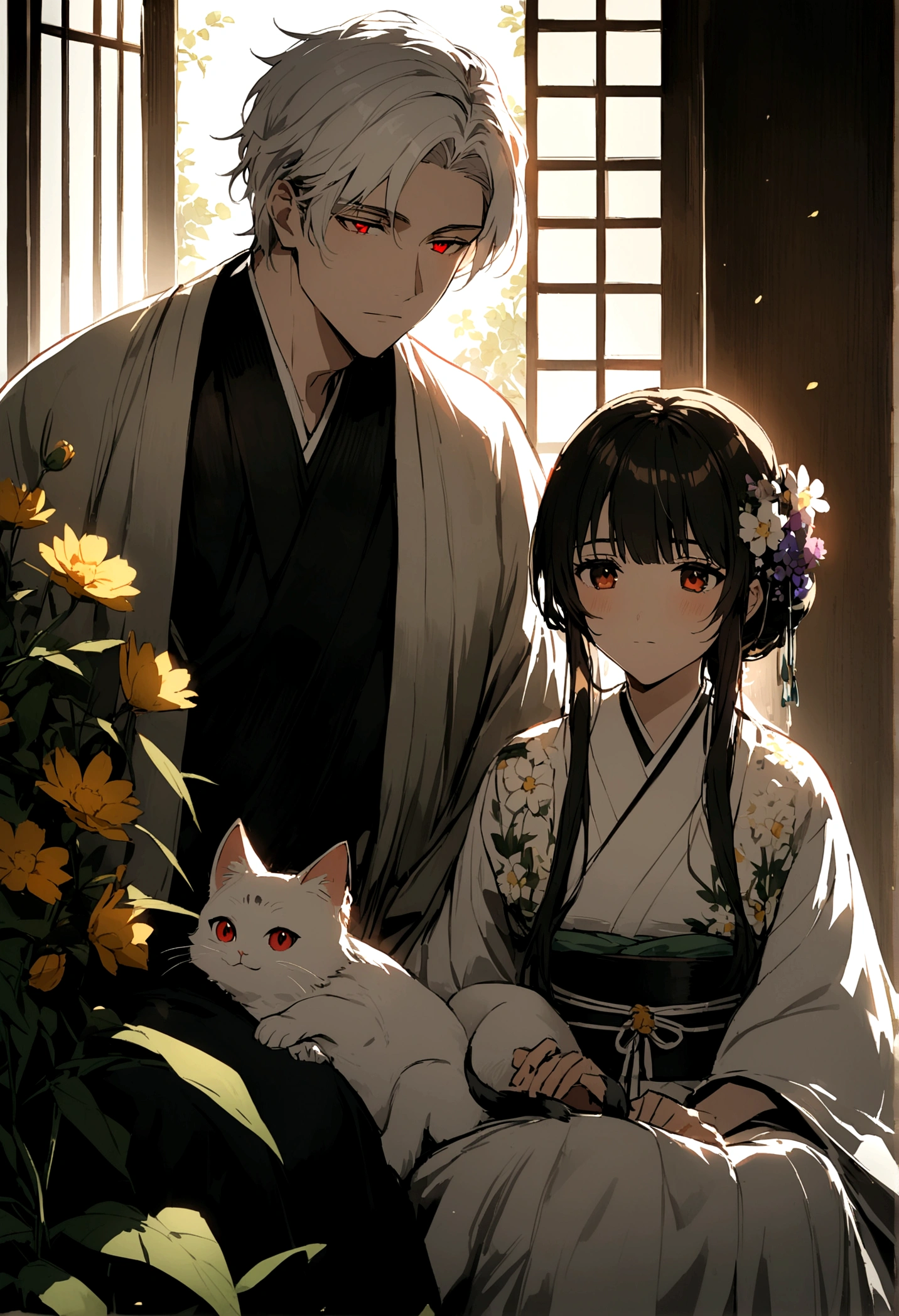 a handsome man who looks like a white fox who has red eyes, white hair and wearing Japanese clothes, sitting together with a beautiful brown-eyed girl with long black hair, who looks like a cat,they were in the meadow flower garden