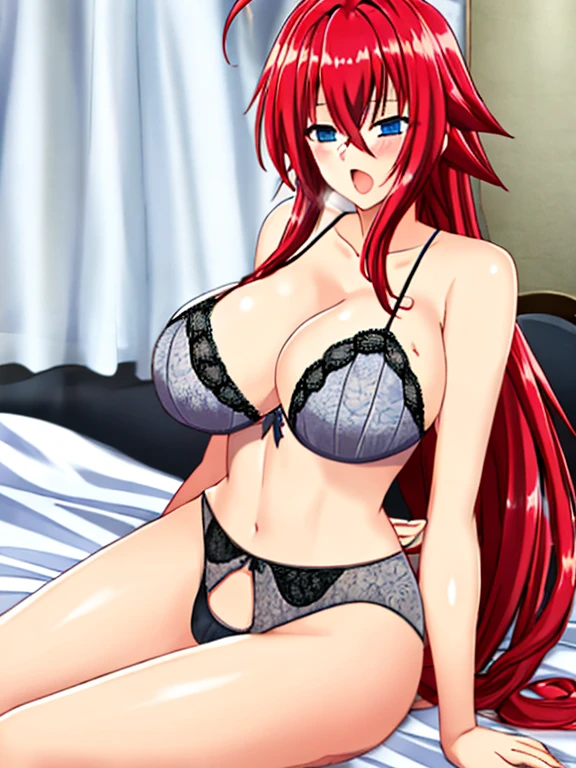 hellandheaven, 1girl, solo, long_hair, breasts, open_mouth, bangs, large_breasts, lingerie, panties, hair_between_eyes, very_long_hair, , blue_eyes, , ahoge, red_hair, shiny_hair, sit on bed, bedroom,