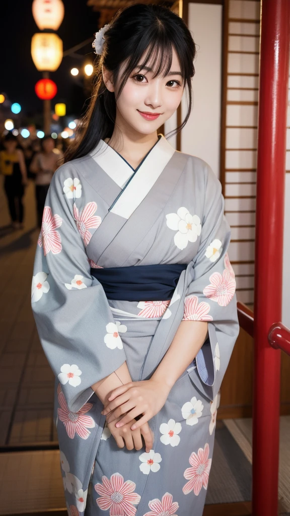 (8K, Realistic, RAW Photos, Highest quality: 1.4, detailed),Japanese idol-style beautiful girl,1 person,18-year-old,(Black Hair),Hair tied up,Large, clear grey eyes,Long eyelashes,(piercings(small)),(Lip gloss),lips(Plump,glossy),thin long neck,Thin and delicate shoulders,yukata(Traditional Japanese cool dress,Long length,Light grey color,Cotton Fabric),Thick obi,Night Festival,Front view,Looking at the camera and smiling sweetly,Knee Top Portrait