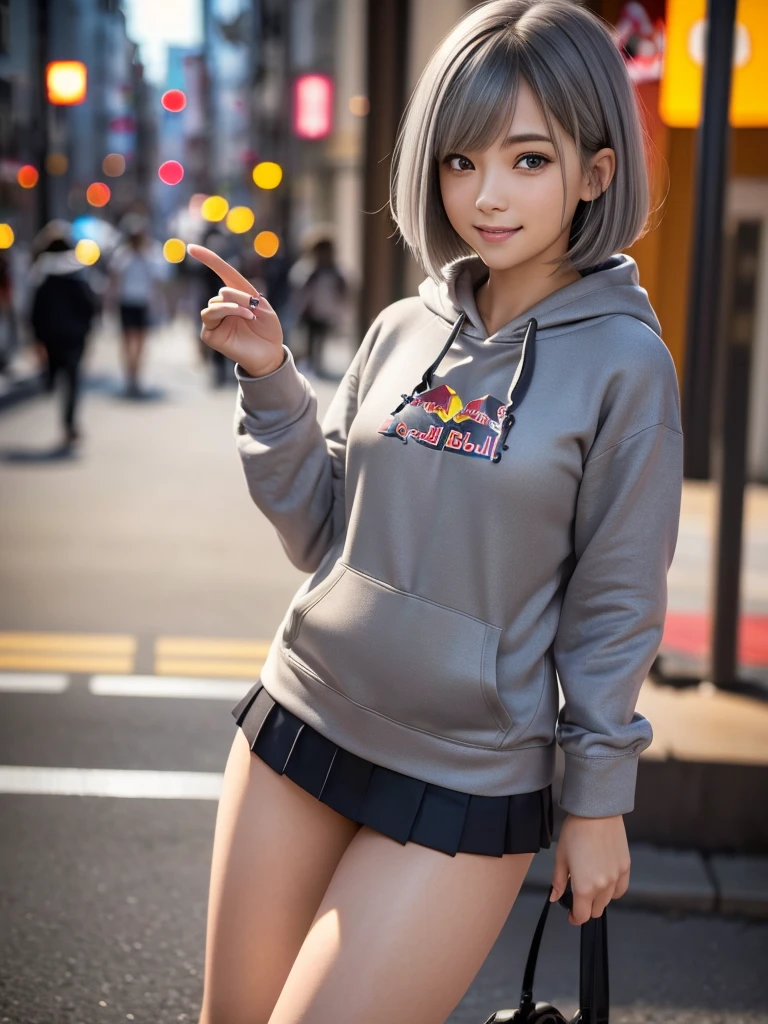 beautiful girl, semi anime style face, big glossy eyes, silver hair, small pink jacket, squatting and showing wet pussy and butthole, people cheering, bottomless, paparazzi, people around