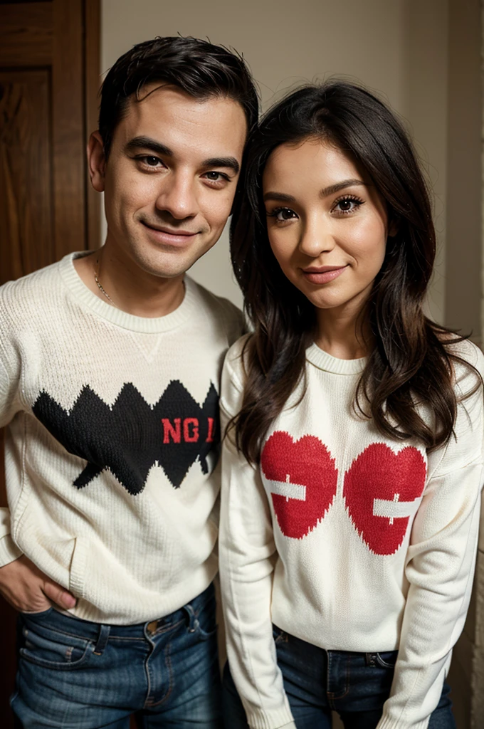 A caricature photo of a couple wearing a sweater whose name is Nadine,the guy's sweater is linked, 25 years old looking at the sunset at sea, afternoon, realistic photo