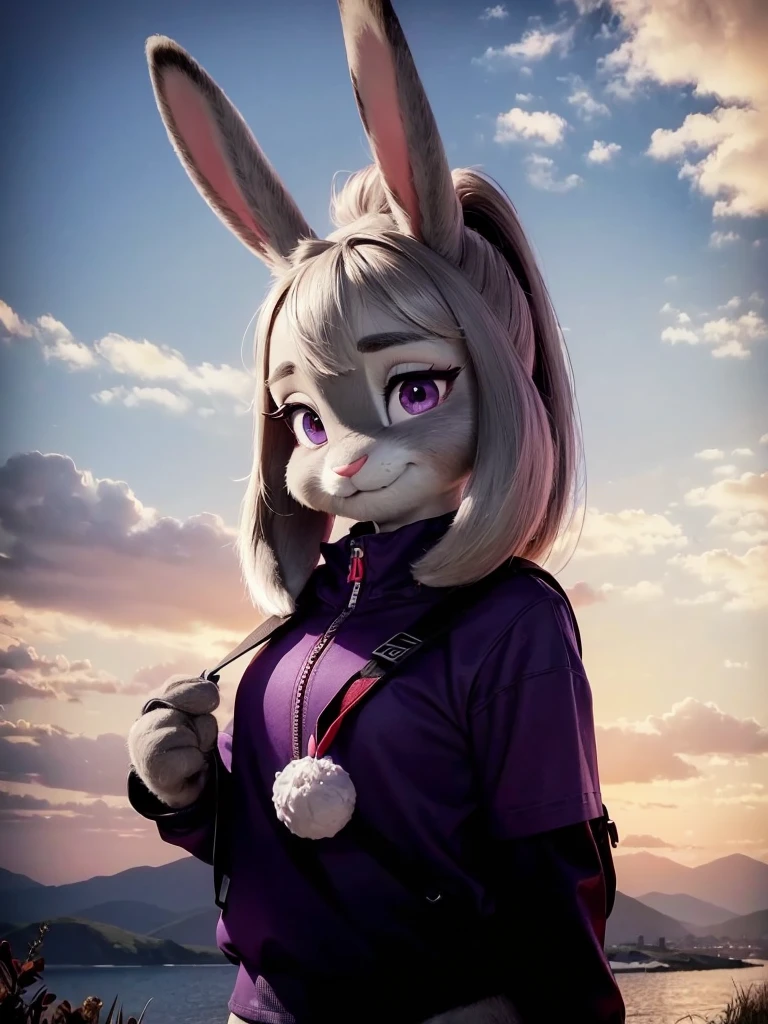 Highest quality,
masterpiece,
Ultra-realistic,
Super detailed,
Beautiful details,
4K,8K,upper,
pixar,
Photo realistic,
Close-Up Shot,
Background is ((Magnificent mountain)), ((at dusk)),
Realistic lighting,
hiking woman,
((Anthropomorphic rabbit)),
Detailed animals,
Complex patterns,
(Furry:1.35),
(All skin is grey:1.3),
(The body is fluffy and bushy:1.3),
Realistic fur,
Human hand,
(Judy Hopps face:1.35),
((ponytail hair)),
((side part bangs)), bangs,
((dark gray hair color)),
Purple eyes,
{Eye highlights, Clear eyes, Eyes sparkling, Large, round pupils},
Detailed Iris,
(Eyebrows raised:1.2),
(Crescent eyebrows:1.3),
(Bunny ears:1.3), ((shy face)),
(((She is so happy she feel like crying))),
raised corners of mouth,
The woman is wearing T-shirt over the check shirt and shorts,
((White T-shirt)) BREAK ((gingham check shirt)) BREAK ((wine red Trekking Shorts)),
carry a backpack, rucksack,
(alone:1.5),
(1 Female:1.5),
Only 1 character,
Perfect Anatomy,
Lighting behind,
Lighting back,
sunset light,
Intricate details,
Ray Tracing,
Realistic,