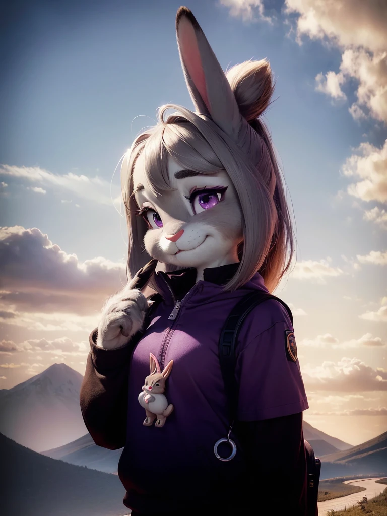 Highest quality,
masterpiece,
Ultra-realistic,
Super detailed,
Beautiful details,
4K，8K，upper,
pixar,
Photo realistic,
Close-Up Shot,
Background is ((Magnificent mountain)), ((at dusk)),
Realistic lighting,
hiking woman, 

((Anthropomorphic rabbit)),
Detailed animals,
Complex patterns,
(Furry:1.35),
(All skin is grey:1.3),
(The body is fluffy and bushy:1.3),
Realistic fur,

Human hand,

(Judy Hopps face:1.35),
((ponytail hair)),
((side part bangs)), bangs,
((dark gray hair color)),
Purple eyes,
{Eye highlights, Clear eyes, Eyes sparkling, Large, round pupils},
Detailed Iris, 
(Eyebrows raised:1.2),
(Crescent eyebrows:1.3),
(Bunny ears:1.3), ((shy face)),
(((She is so happy she feel like crying))), 
raised corners of mouth,

The woman is wearing T-shirt over the check shirt and shorts,
((White T-shirt)) BREAK ((gingham check shirt)) BREAK ((wine red Trekking Shorts)),
carry a backpack, rucksack,

(alone:1.5),
(1 Female:1.5),
Only 1 character,
Perfect Anatomy,

Lighting behind,
Lighting back,
sunset light, 
Intricate details, 
Ray Tracing, 
Realistic, 