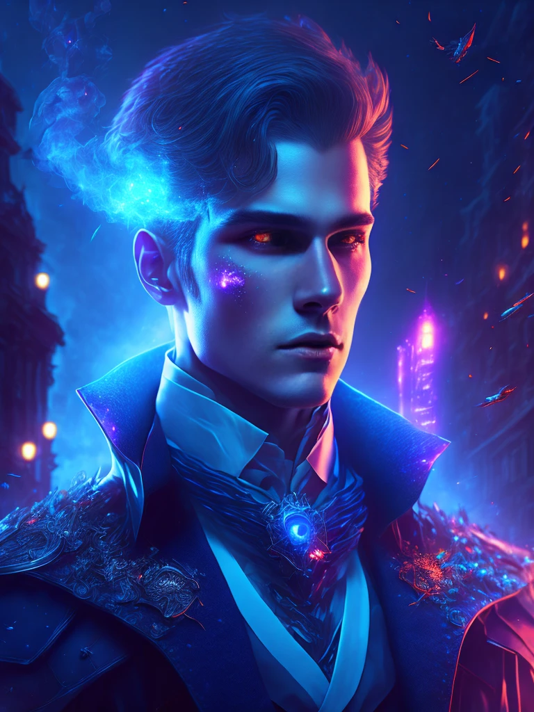 gloomy portrait of an aristocrat guy, extremely detailed, futuristic cityscape, night, glowing neon lights, smoke, Sparks, metal shavings, flying debris, Blue Energy Effects, volumetric light, flying blood, burning eyes