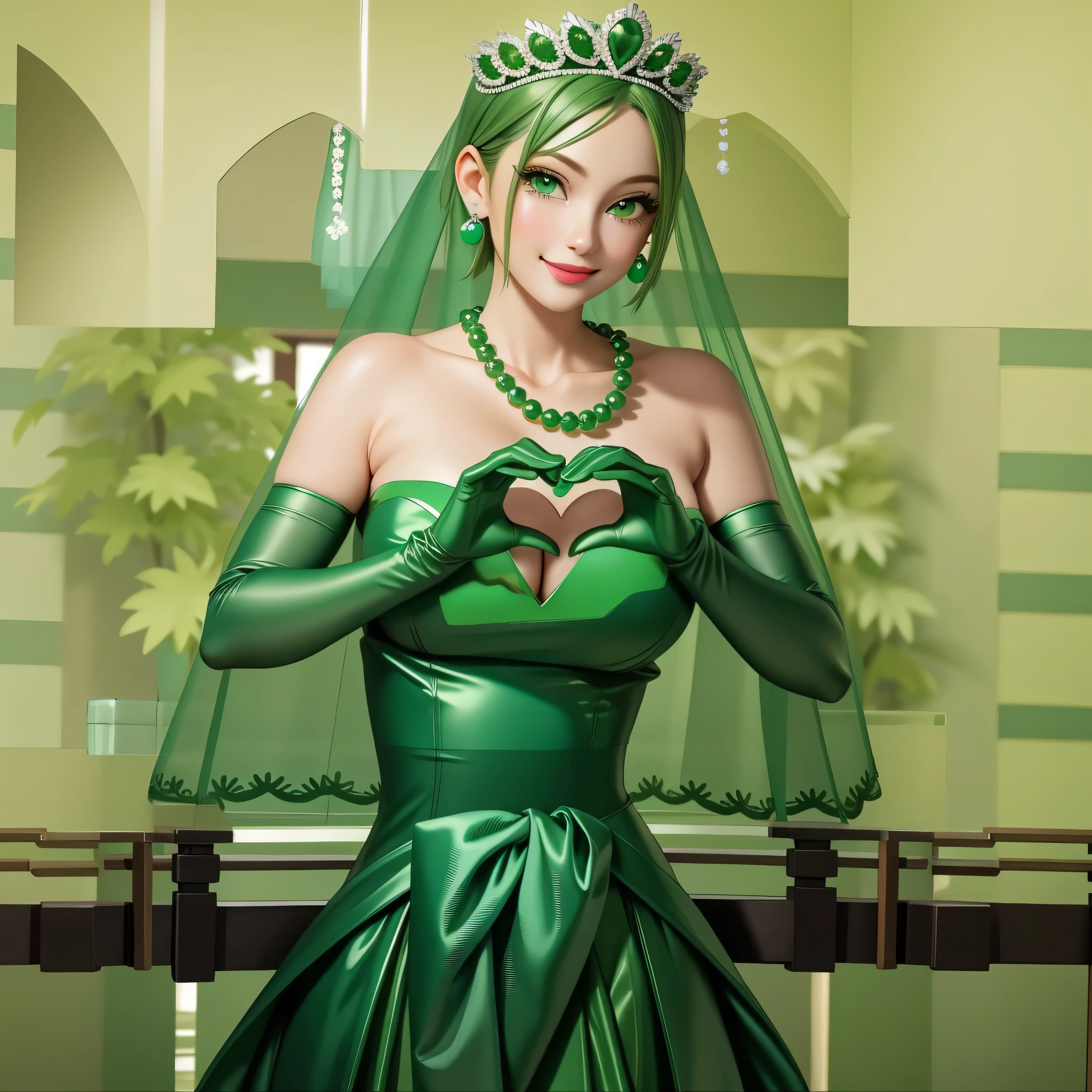 emerald tiara, Green Pearl Necklace, Boyish very short green hair, Green Lips, Smiling Japanese woman, Very short hair, Busty beautiful lady, Green Eyes, Green satin long gloves, Green Eyes, Emerald Earrings, Green veil, Heart with both hands, Green Hair, Beautiful Japanese Woman, Heart shaped hands:1.3, green lip gloss
