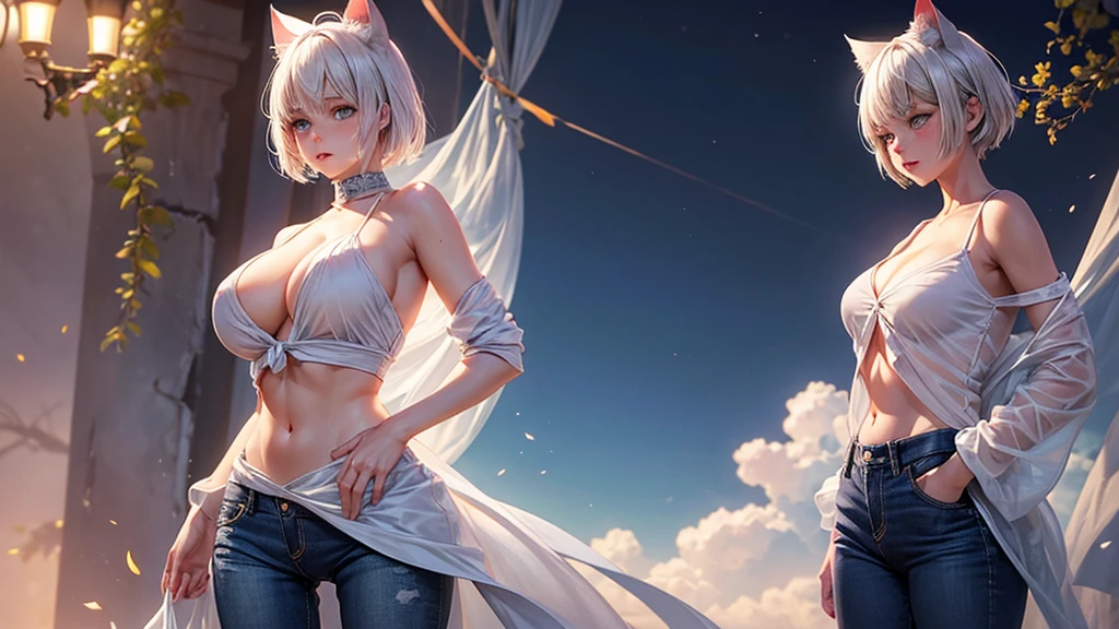 realistic, 1girl, full body, white short hair, cat ear, glowing blue eyes, thin shirt with only one button, sexy skirt jeans, underboobs , hands tied into a back hair, parted lips, big breast, blush, standing, midnight, hyper-detailed, high quality, 8k, photorealistic, professional digital painting, dramatic lighting, vibrant colors, intricate details, serene atmosphere, natural environment, ethereal, dreamy