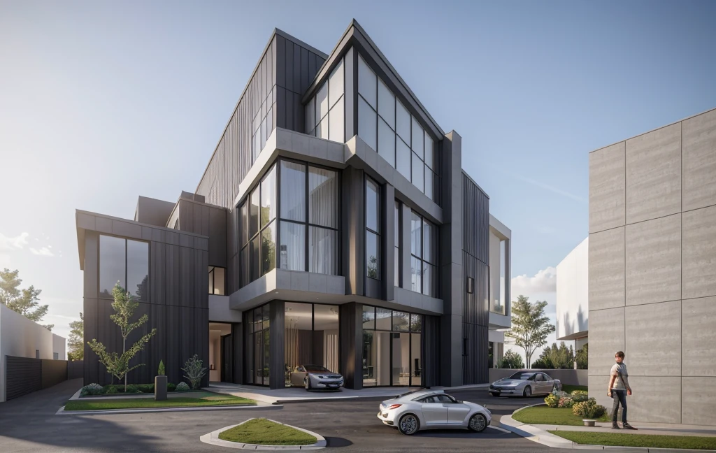 a rendering of a modern building with a car parked in front of it, architectural render, a photorealistic rendering, white wall, stone wall, clear glass, warm lighting, interior light, sunrise, blue sky, low angle dimetric rendering, architectural 3 d render, rendered in lumion pro, architectural visualization, architecture render, mantra rendering, wide angle exterior 2022, precise architectural rendering, lumion render, rendered in lumion, architectural rendering, depth of field, motion blur, vignetting, ray tracing, masterpiece, high details, high quality, best quality, highres