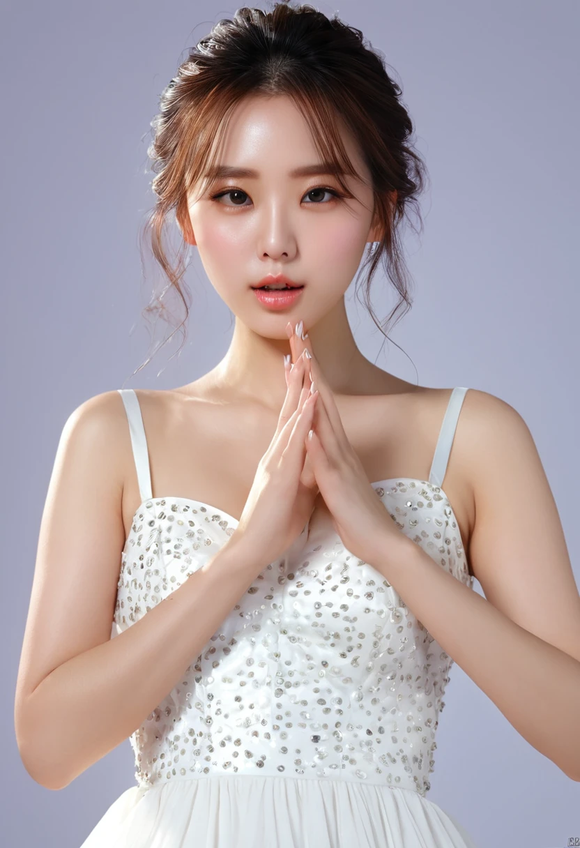 (8K、RAW Photos、Highest quality、Masterpiece: 1.2)Highest quality, masterpiece, Ultra-high resolution、1 female((masterpiece, Highest quality)),(One personで:1.2),(One girl:1.2),((32K Wallpapers, Very detailed)),,(((The perfect one and only lady))),(((portfolio,close))),(((Front face))),(((Upper Body))),((highlight)),(((One person))),(((Full face))),(((Perfect composition))),((Gradient Eye)),Sparkling.Light leakage, (((Bring your fingers to your mouth))), (((White Dress)))Detailed hands
