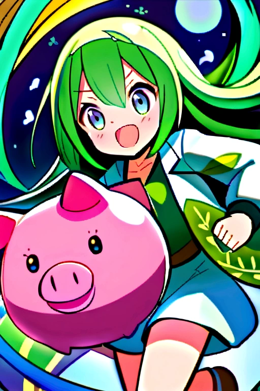 An anime girl with long green hair resembling nature and holding a giant  earth piggy bank with one hand and dropping a coin with a plant printed on it on the globe