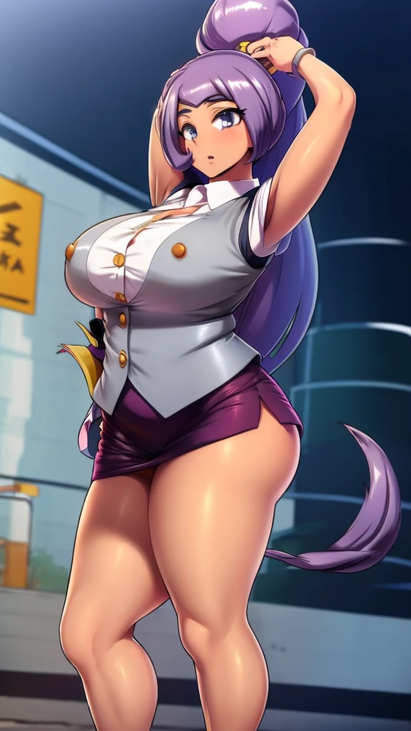 A age Arabian girl, cute beauty, beautiful big chest, long soft wavy light blue hair, her purple eye, she wears a white button-down shirt, wearing a gray sleeveless button-down vest and a metallic purple skirt, a pair of red socks, and yellow heels.