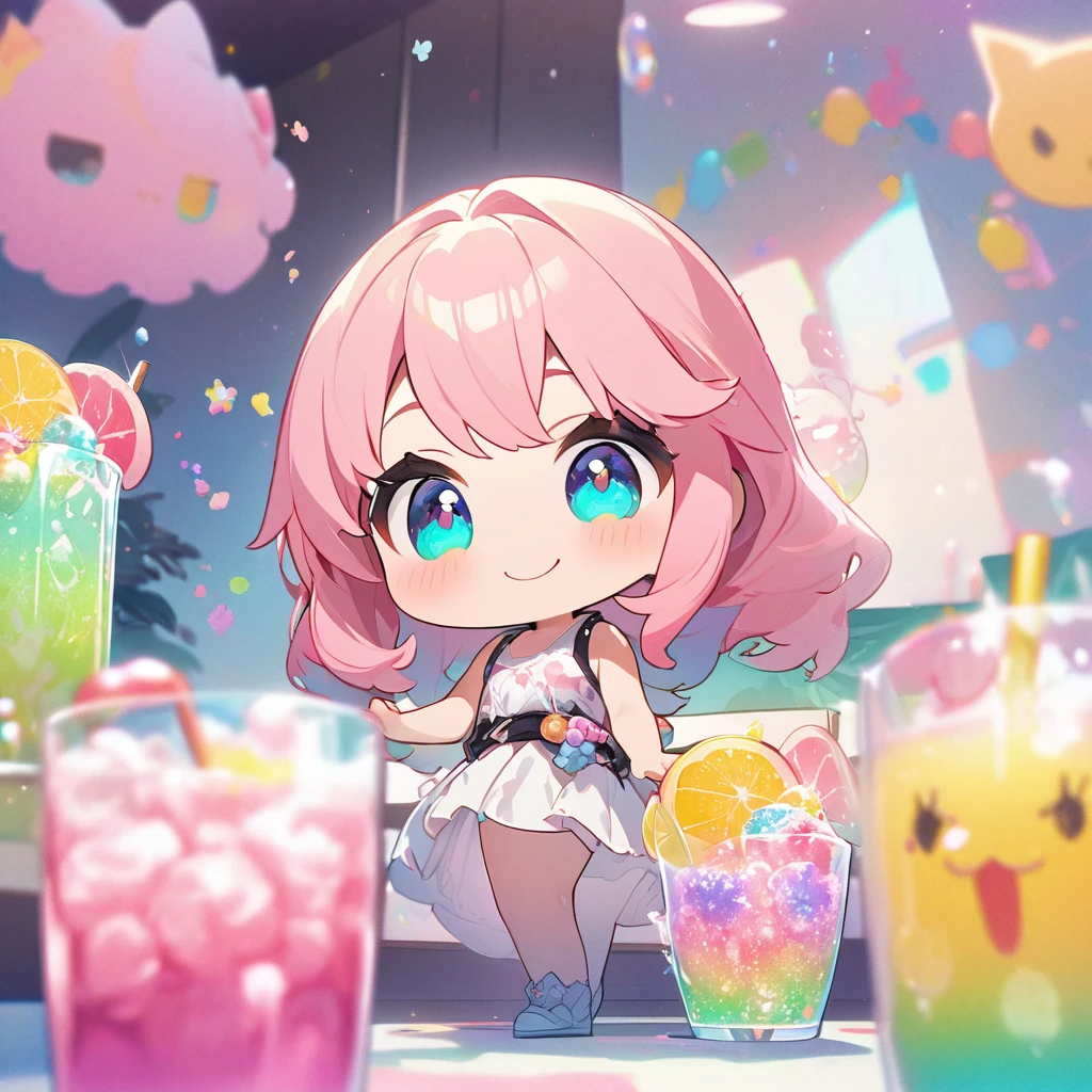 masterpiece、Highest quality、Depth of subject、２D illustration、1 beautiful girl、独奏, (((chibi style)))、Long, beautiful hair、Shiny pink hair、cute、Beautifully detailed eyes、((Tank top))、a glass of blue soda, ((colorful))、mini skirt、((happy smile))、((kitten cluster)), ((full body shot))、((in the room))、((There&#39;s a lot of pink around))、Thighs、((vivid color))、sparkle、((Lens flare))、