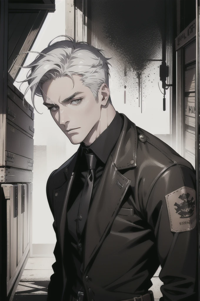 (absurd res, high res, ultra detailed), 1 male, adult, handsome, tall muscular guy, broad shoulders, white hair, finely detailed eyes, portrait, looking at viewer, solo, half shot, detailed background, detailed face, (steampunk industrial), smirk, renegade, rugged dark leather clothes, small leather pouch, high fantasy medieval setting, smuggler hideout background, stealth, undercover, (crates in background), shadows, fog, (dutch angle), closed mouth