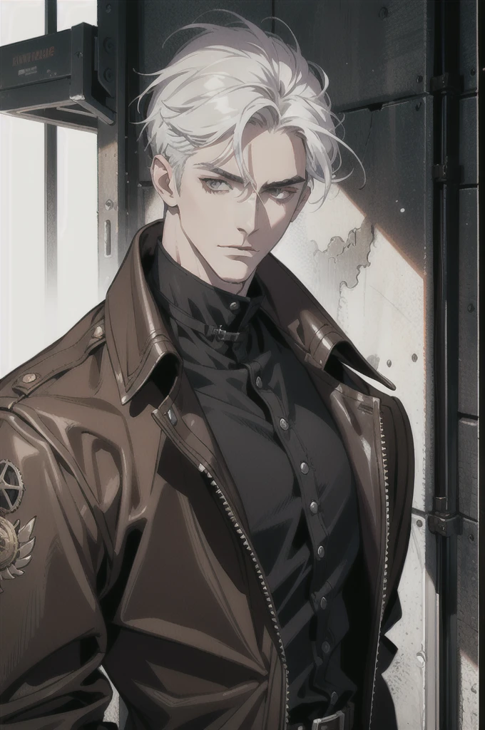 (absurd res, high res, ultra detailed), 1 male, adult, handsome, tall muscular guy, broad shoulders, white hair, finely detailed eyes, portrait, looking at viewer, solo, half shot, detailed background, detailed face, (steampunk industrial), smirk, renegade, rugged dark leather clothes, small leather pouch, high fantasy medieval setting, smuggler hideout background, stealth, undercover, (crates in background), shadows, fog, (dutch angle), closed mouth