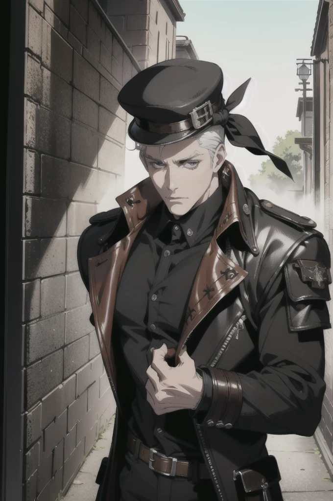 (absurd res, high res, ultra detailed), 1 male, adult, handsome, tall muscular guy, broad shoulders, white hair, finely detailed eyes, portrait, looking at viewer, solo, half shot, detailed background, detailed face, (steampunk industrial), smirk, renegade, rugged dark leather clothes, small leather pouch, high fantasy medieval setting, smuggler hideout background, stealth, undercover, (crates in background), shadows, fog, (dutch angle), closed mouth
