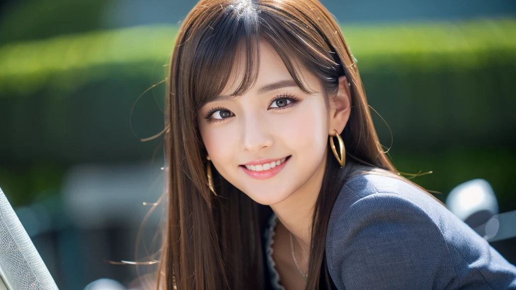one person、female newscaster、young、beautiful、Female announcer、Shaped face contour、Long Hair、Brown Hair、Fine iris、Elegant、Sexy face、Glowing Skin、Juicy lips、An open, seductive smile、Thick eyelasheodel Body Type、Earrings、black stockings、blush、suit、Tight mini skirt、Perfect lighting、Perfect Shadow、Perfect Anatomy(((masterpiece))), ((highest quality)), ((Super detailed)), (CG illustration), (Very wicked and beautiful)), (Cute Desktop Face)
