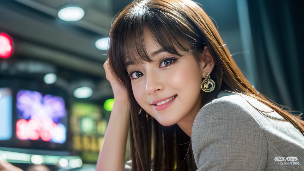 one person、female newscaster、young、beautiful、Female announcer、Shaped face contour、Long Hair、Brown Hair、Fine iris、Elegant、Sexy face、Glowing Skin、Juicy lips、An open, seductive smile、Thick eyelasheodel Body Type、Earrings、black stockings、blush、suit、Tight mini skirt、Perfect lighting、Perfect Shadow、Perfect Anatomy(((masterpiece))), ((highest quality)), ((Super detailed)), (CG illustration), (Very wicked and beautiful)), (Cute Desktop Face)