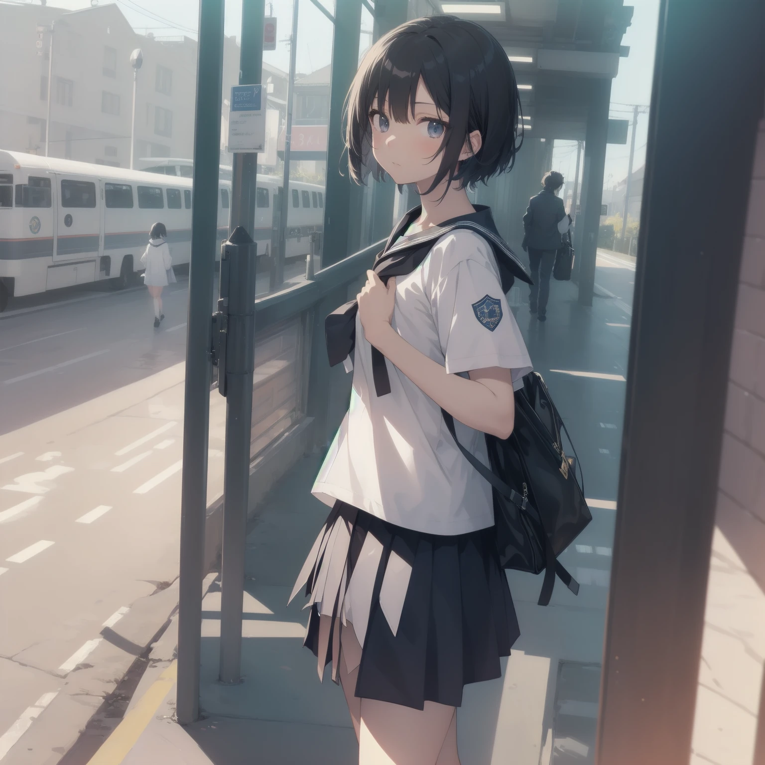 ultra-absurdres-Top quality by artist God, ultra-detailed, high resolution, anime moe artstyle, best anime 8k konachan wallpaper, pixiv contest winner, pool:2810, perfect anatomy,break, 1girl, (Please draw a girl walking sleepily to school alone. )break,(Solo,little female, 13-year-old:1.3),Full limbs, complete fingers,a junior high school student, (very short hair), short cut, flat chest, , small butt, small black eyes, beautiful detailed eyes, well-proportioned iris and pupils, expressive eyes, highres detailed hair, soft expression, salor school_uniform, sailor collar, serahuku, bow, pleated skirt,(Detailed Lighting), (Detailed background), in the School commute route. break,super detailed skin, Best cinematic lighting powered by famous artist, 8k,beauty illustration,photoshop_(medium),very aesthetic,break,((artist:sincos )), artist:clamp ,artist:carnelian ,artist:kantoku ,