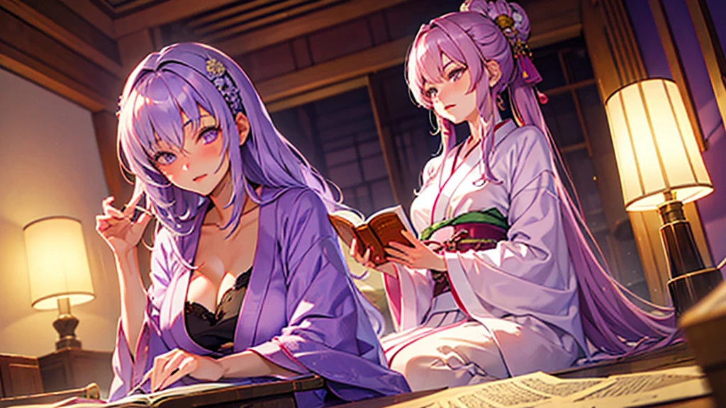 woman clear Light purple hair kimono Anime Style reading literature Study